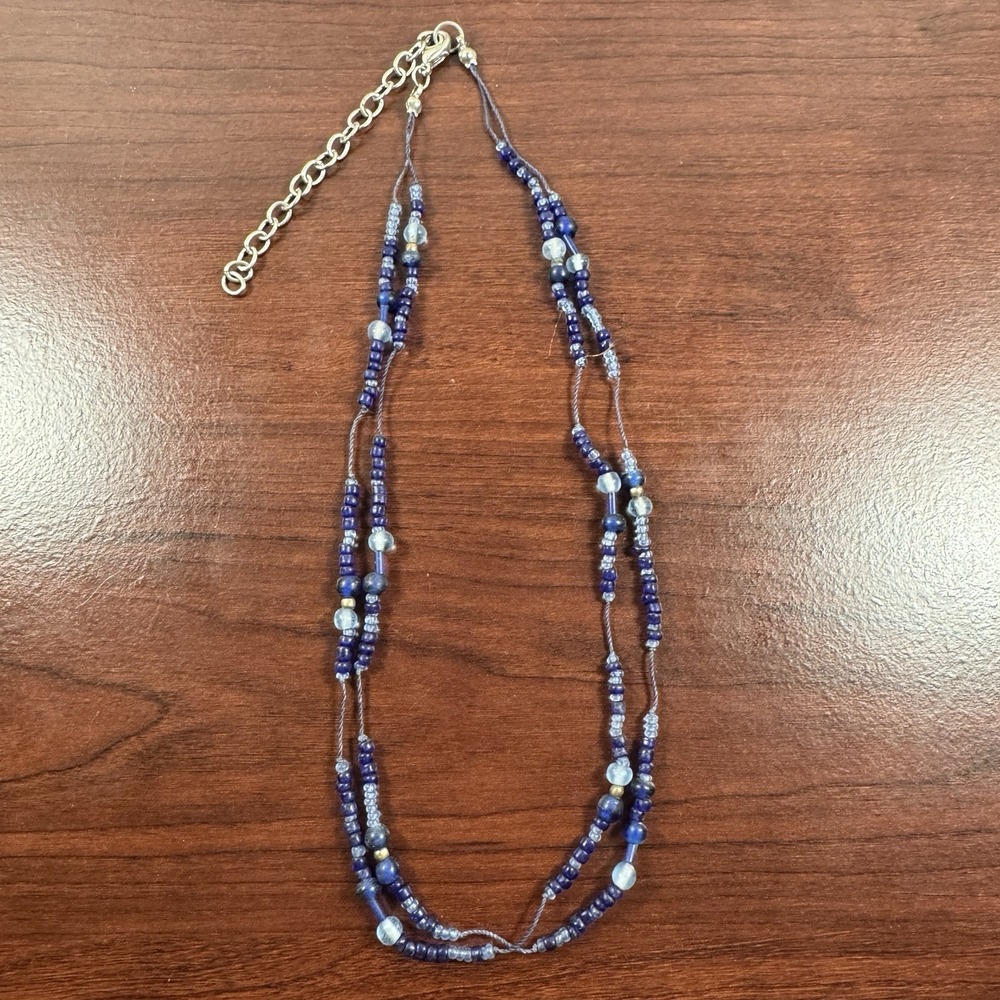 Double Strand Blue And Clear Beaded 16” Boho Style Necklace With 3” Extender